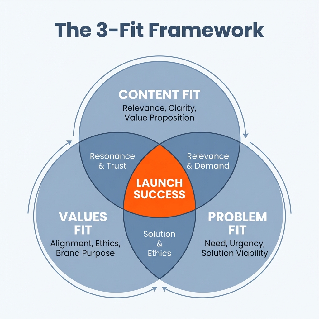 The 3-Fit Framework: Content Fit, Values Fit, and Problem Fit intersecting for Launch Success