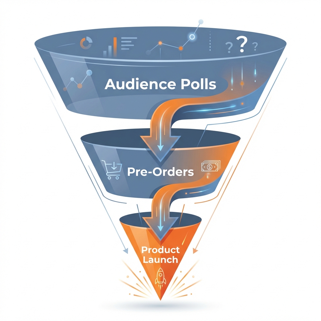 Product Validation Funnel: Audience Polls -> Pre-Orders -> Product Launch